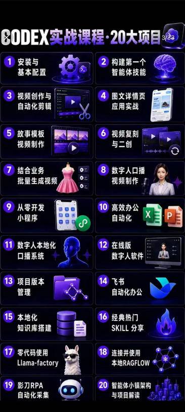 Codex智能体实战全能课|0基础从搭建技能到自动化落地,视频剪辑-办公-知识库-数字人全场景变现教程-极栈网络