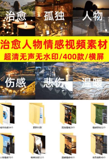 爆款短视频常用视频素材！抖音治愈伤感人物情感视频素材，400款合集，无声无水印，视频感氛围拉满-极栈网络