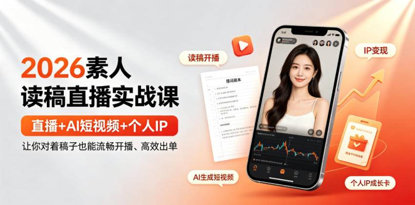 2026素人读稿直播实战课｜直播+AI短视频+个人IP，让你对着稿子也能流畅开播、高效出单-极栈网络