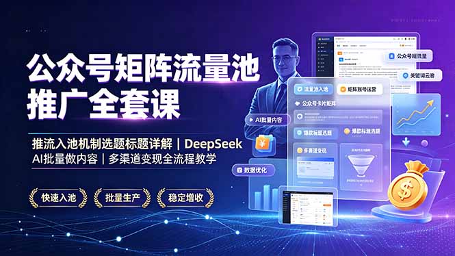 公众号矩阵流量池推广全套课,推流入池机制选题标题详解,DeepSeek AI批量做内容,多渠道变现全流程教学-极栈网络