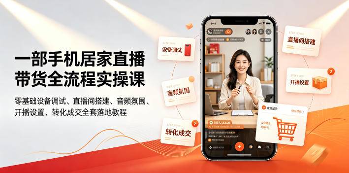 一部手机居家直播带货全流程实操课|零基础设备调试、直播间搭建、音频氛围、开播设置、转化成交全套落地教程-极栈网络