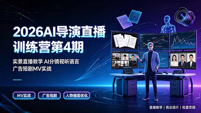 2026AI导演直播训练营第4期,实景直播教学AI分镜视听语言,广告短剧MV实战,解决人物画面崩坏痛点-极栈网络